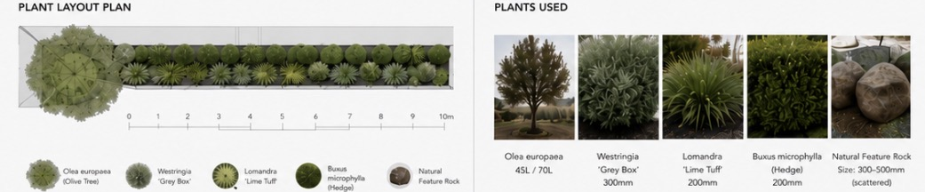 Plant layout plan with a 0 to 10 metre scale and a legend for olive tree, Westringia 'Grey Box', Lomandra 'Lime Tuff', Buxus microphylla hedge and natural feature rock, beside the plants used schedule listing Olea europaea 45L/70L, Westringia 'Grey Box' 300mm, Lomandra 'Lime Tuff' 200mm, Buxus microphylla hedge 200mm and natural feature rock 300-500mm scattered