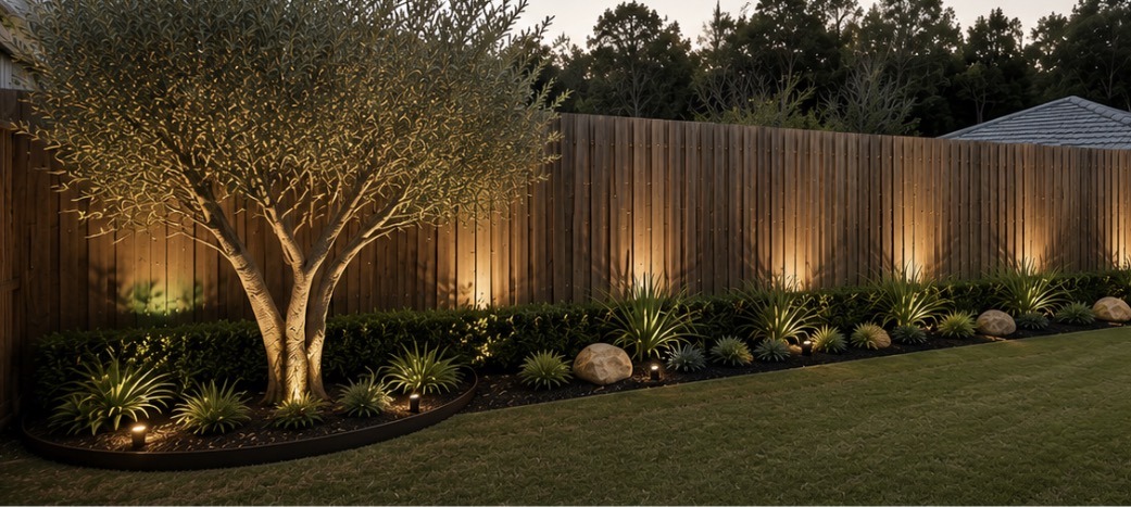 Landscape design concept for a Brisbane backyard garden bed at dusk — an olive feature tree lit by spike uplights, a clipped box hedge along a timber fence, clumps of lomandra and silvery westringia, natural feature rocks in dark mulch, and a mown lawn in the foreground